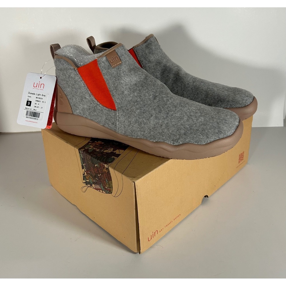 UIN Granada Light Grey Wool Slip On Travel Shoes Mens 9 M0108220 Orange Accents